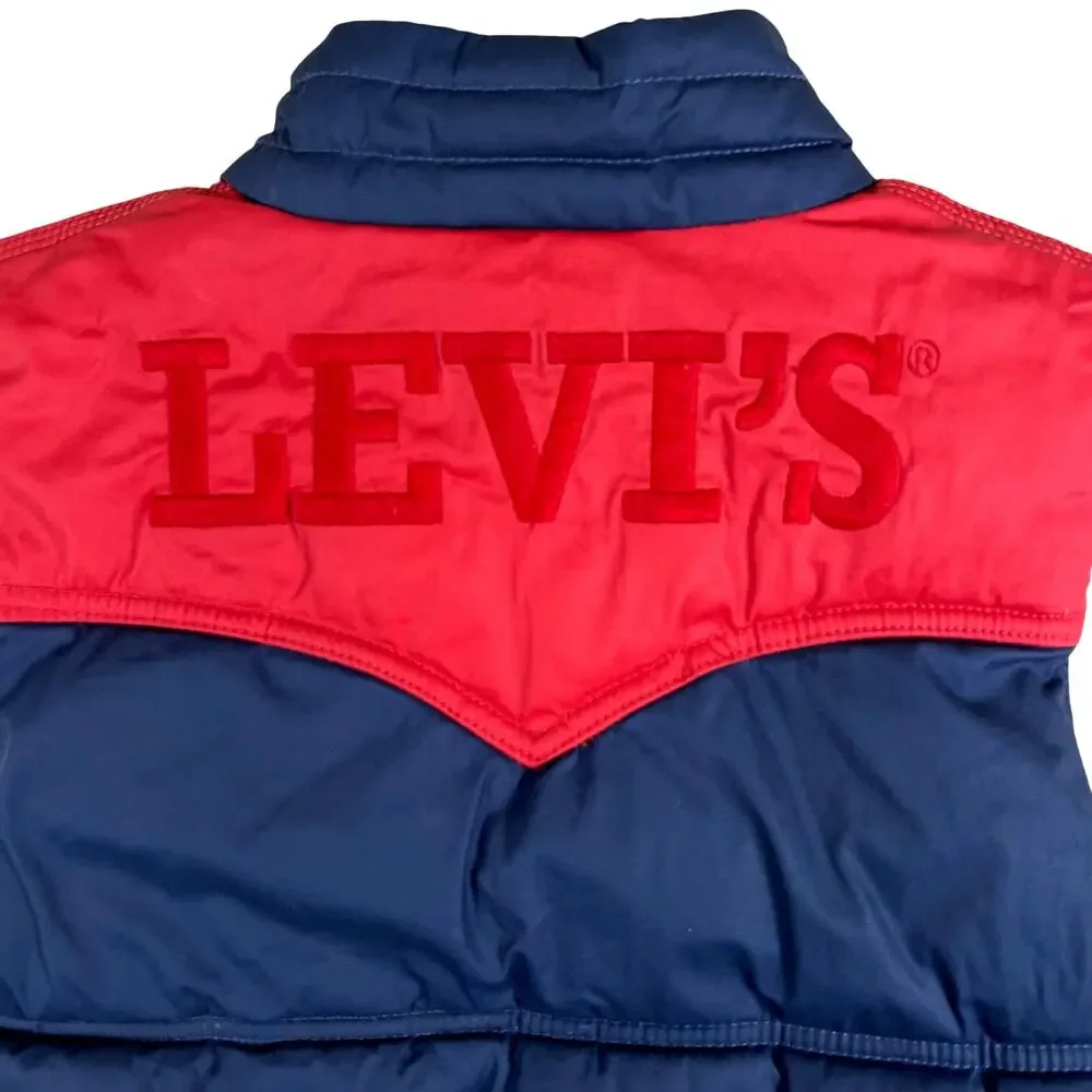 Levis Puffer Vest Youth M Sherpa Collar Logo Back Fits Womens XS Navy Red Warm